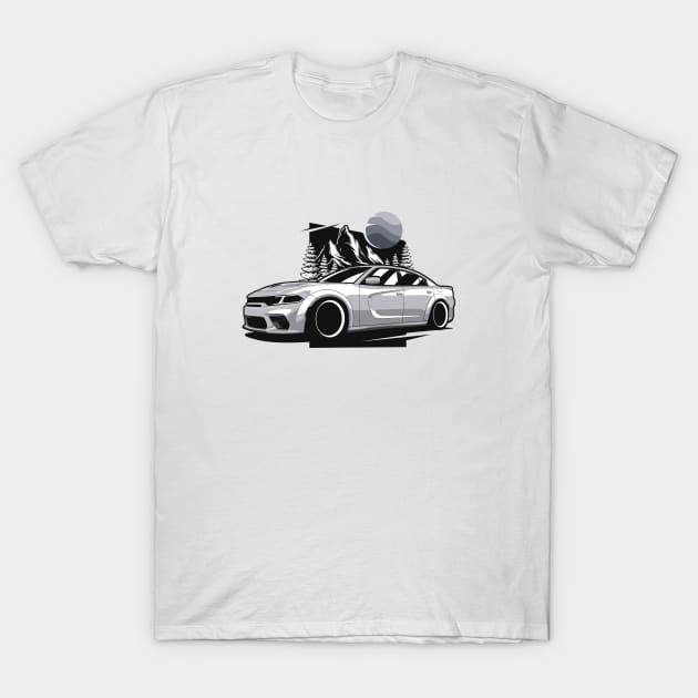 Silver Charger Mountains Moon T-Shirt by KaroCars